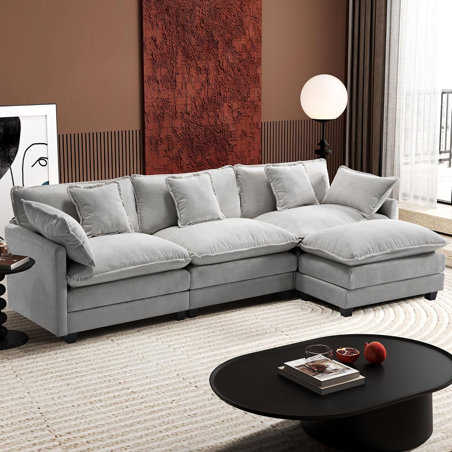 Ihanherry 111.4″ L Shaped Modern Sofa Modular Sectional Cloud Couch with Ottoman, 4-Seat Chenille Deep Seat Sofa with Pillow for Living Room, Bedroom and Apartment, Grey
