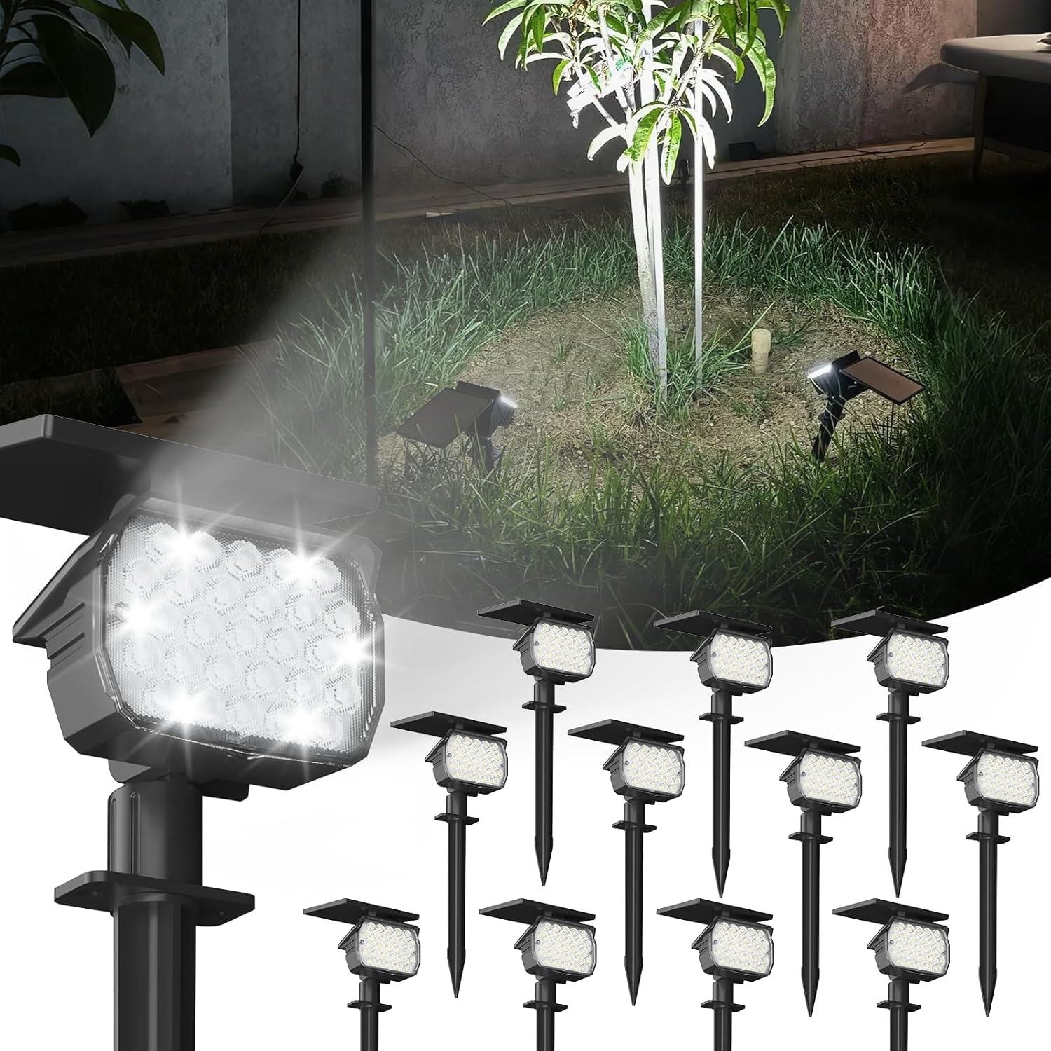 VOLISUN Solar Spotlight Outdoor, IP67 Waterproof Solar Landscape Spot Lights，Uplights for Yard Garden Pathway – 12 Pack (Cool White) 27 LED 3 Lighting Modes