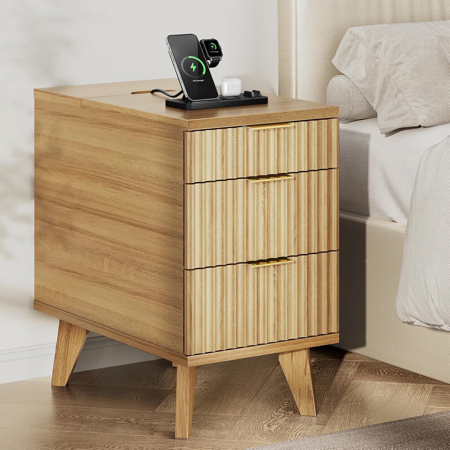 Charging Nightstand with Hidden Outlets & 3 Drawers, Modern End Table, Bedside Table with USB Ports, Wave Groove Design, Compact Size, Heavy Duty Engineered Wood, Natural Wood Color