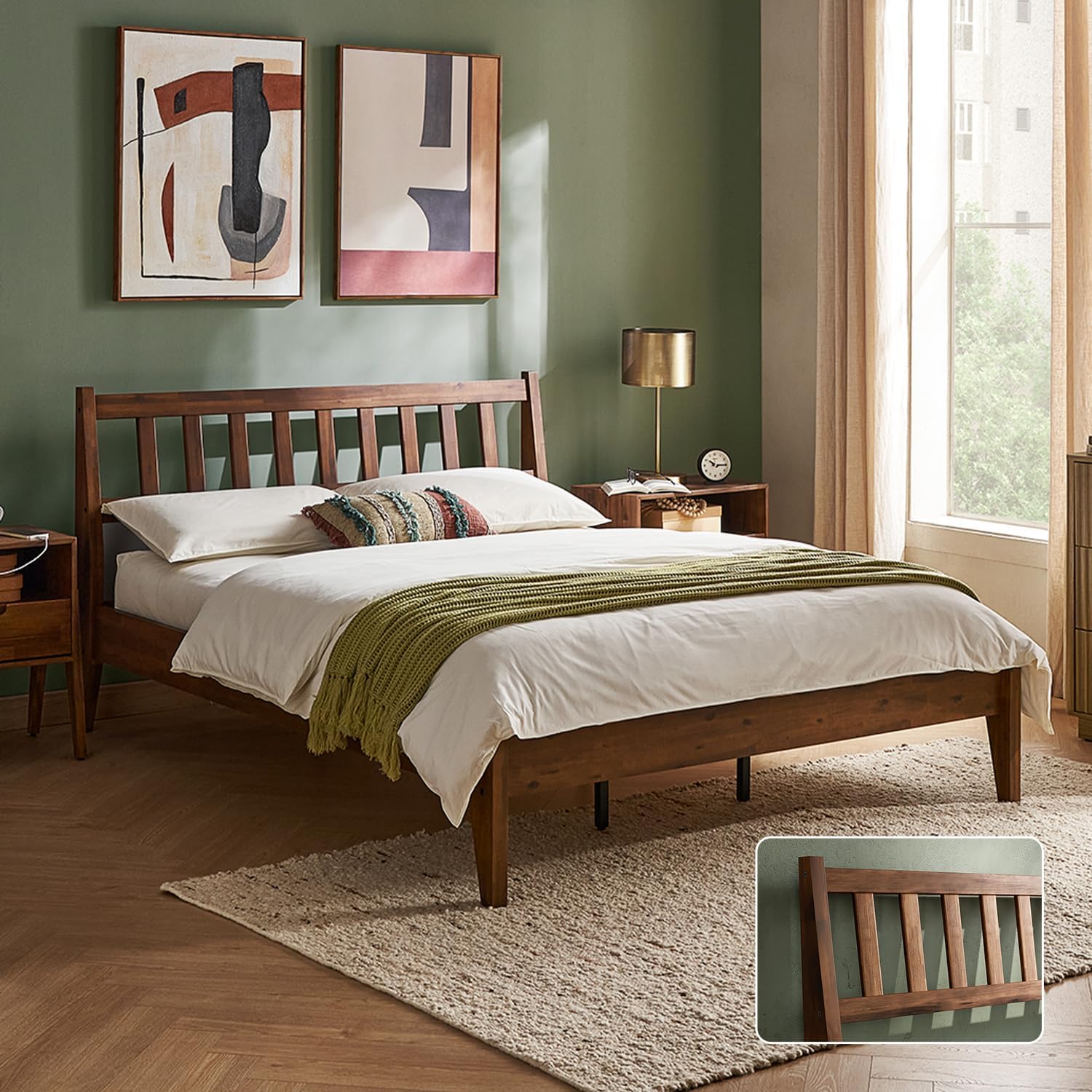 mopio Ted Bed Frame with Headboard, Mid Century Modern Acacia Solid Wood Platform Bed Frame, Wooden Slats, No Box Spring, Double Metal Bar Support (Solid Wood, Queen (U.S. Standard))