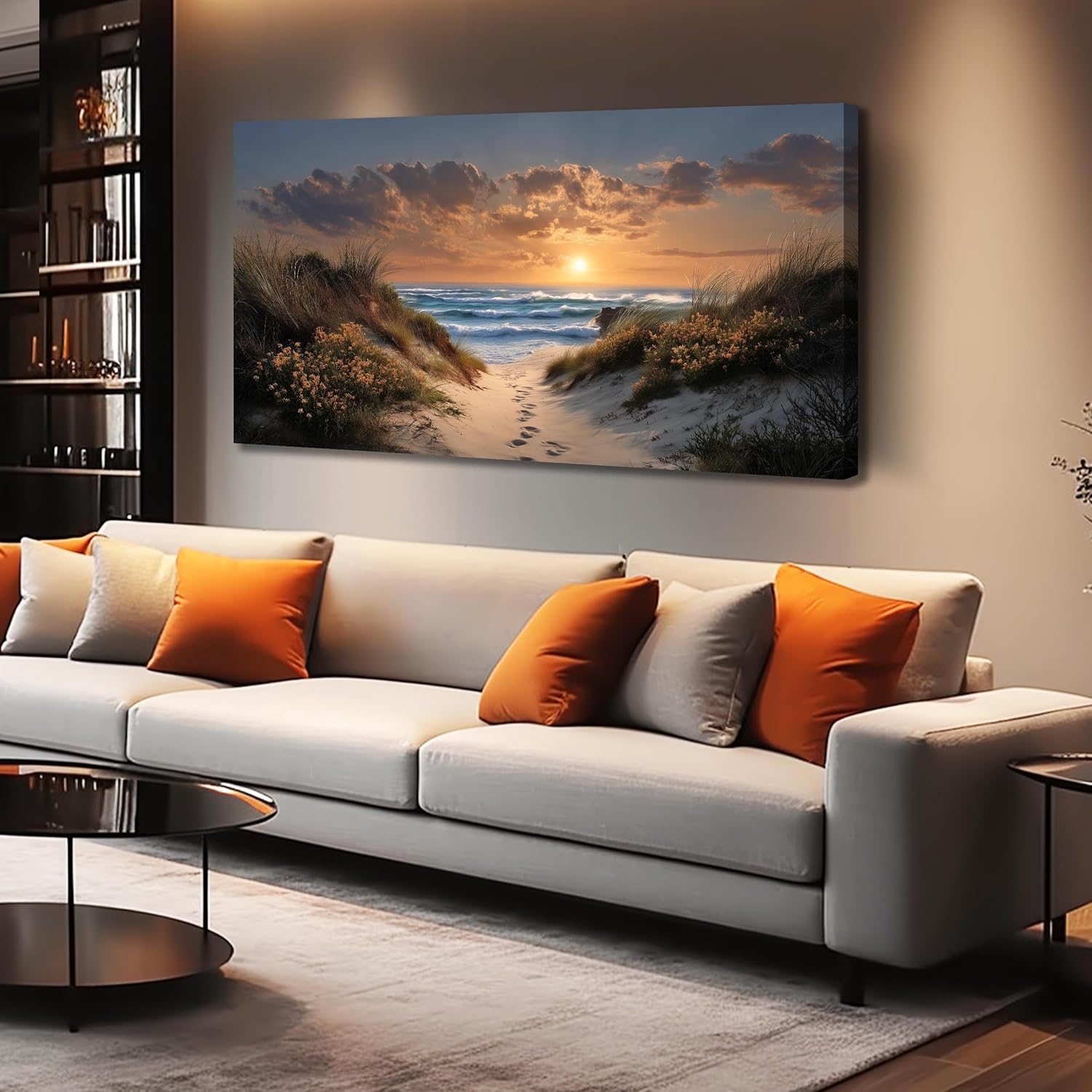 Sunset Canvas Wall Art Brown Wall Decor Seascape Art Print Landscape Wall Decorations Large Blue Picture 24″ x 48″ Coastal Artwork for Living Room Bedroom Office