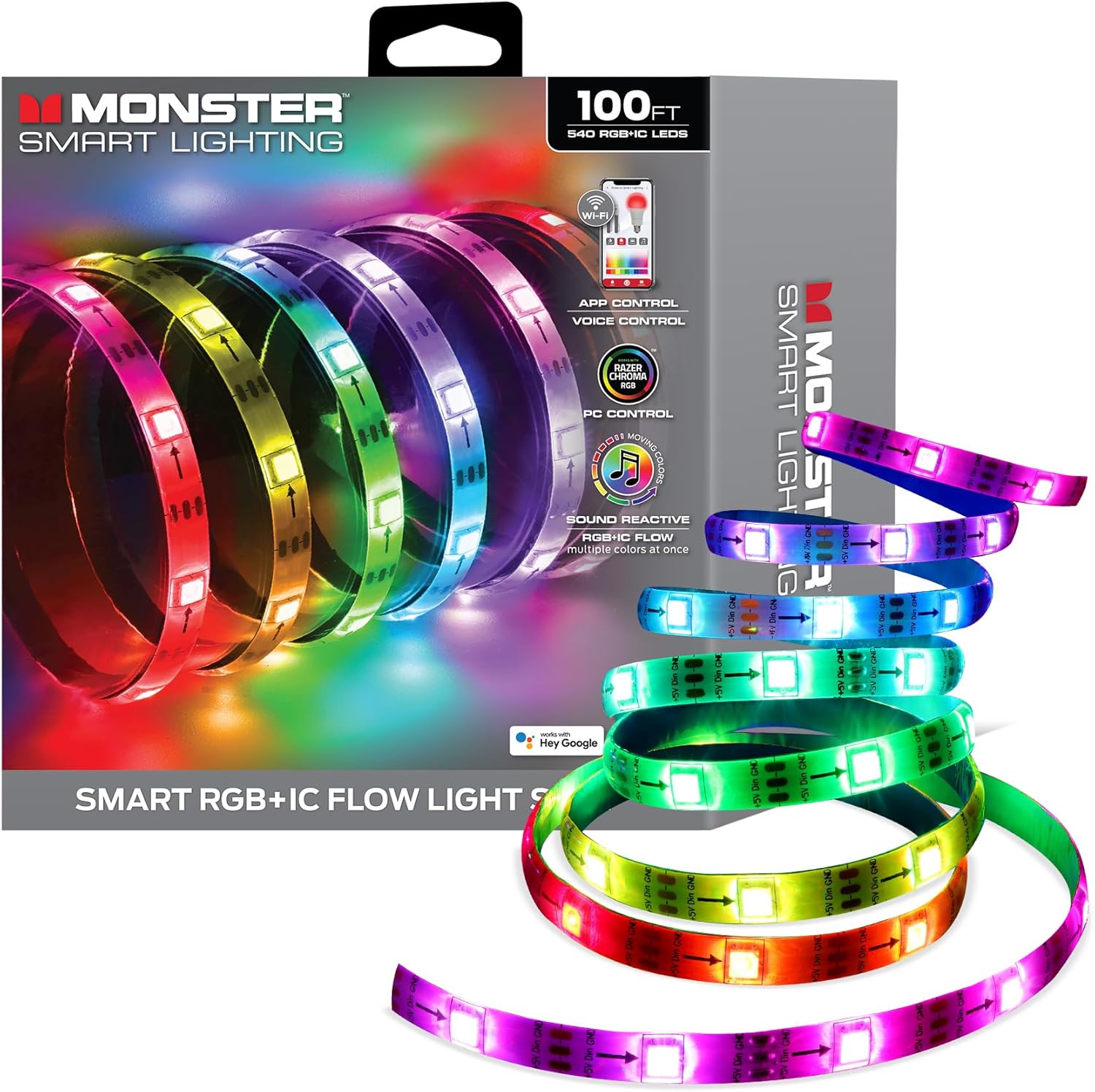 Monster Smart RGB+IC LED Strip Lights – Sound Reactive Strip Lights for Bedroom, App & Voice Control, RGB Light Strip for Room, Alexa Google Home, Razer Chroma Sync (100ft)