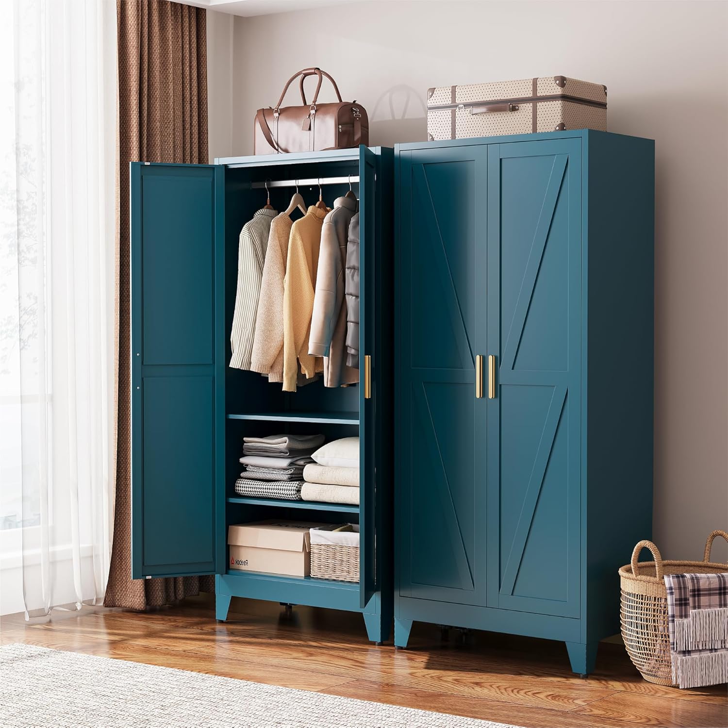 COFaR Armoire Wardrobe Closet, 71″ Convertible 2-in-1 Metal Cabinet with Adjustable Rod & Shelves, Freestanding Hanging & Storage Organizer (Peacock Blue)