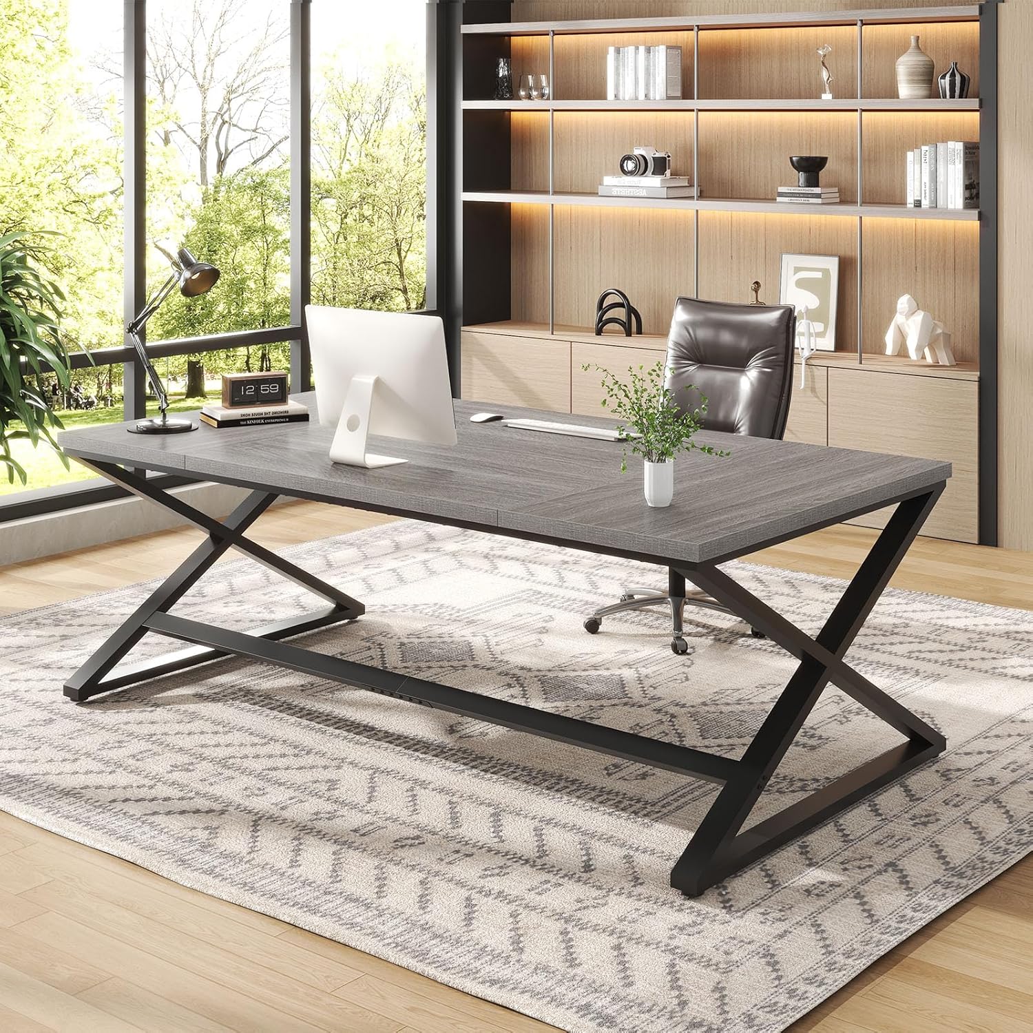 IBF Large Home Office Computer Desk, Industrial Long Work Study Writing Desk, Simple Executive Conference Table for 2 Person, Wood Metal Double Pc Gaming Workstation in Bedroom, Light Grey Oak, 70 in
