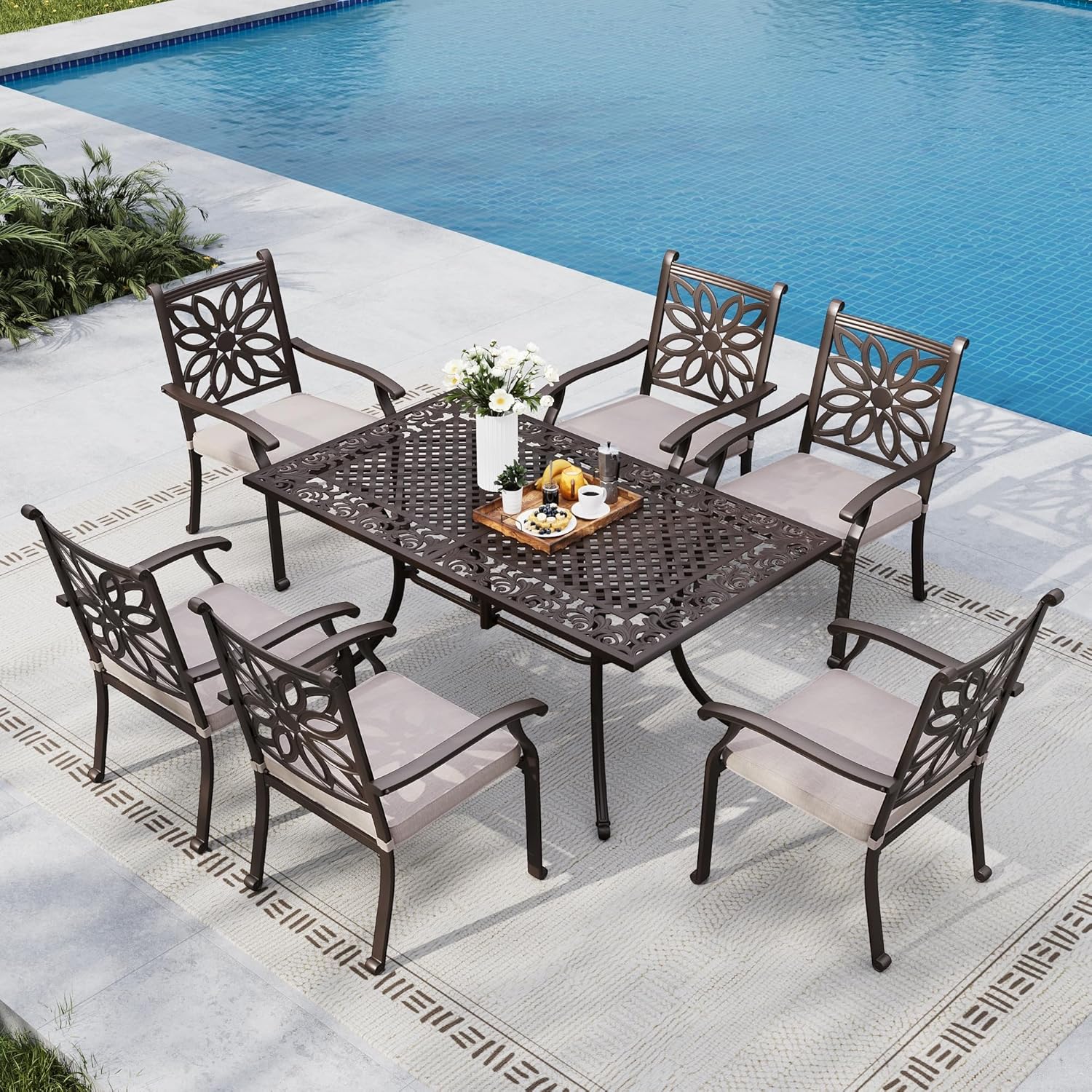 MFSTUDIO Cast Aluminum Outdoor Patio Dining Sets for 6, Patio Rectangular Table and Chairs Set, 7 Pieces Cast Aluminum Outdoor Furniture with Thicker Cushions and Umbrella Hole, Deck, Porch
