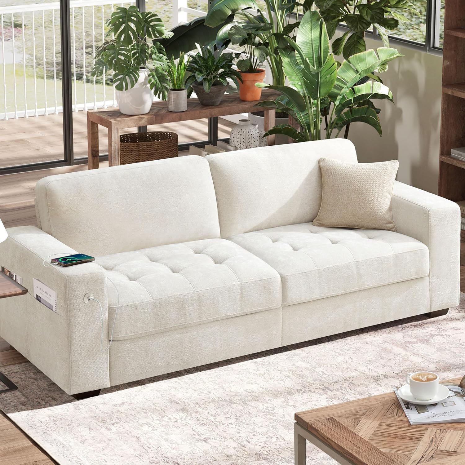 Hanherry 89″ Sofa for Living Room, Modern Comfy Sofa with Medium Firm Seat Cushion, Removable Cover,Wide Armrest,USB/Type-C Port,Chenille Fabric Couches for Small Space,Apartment