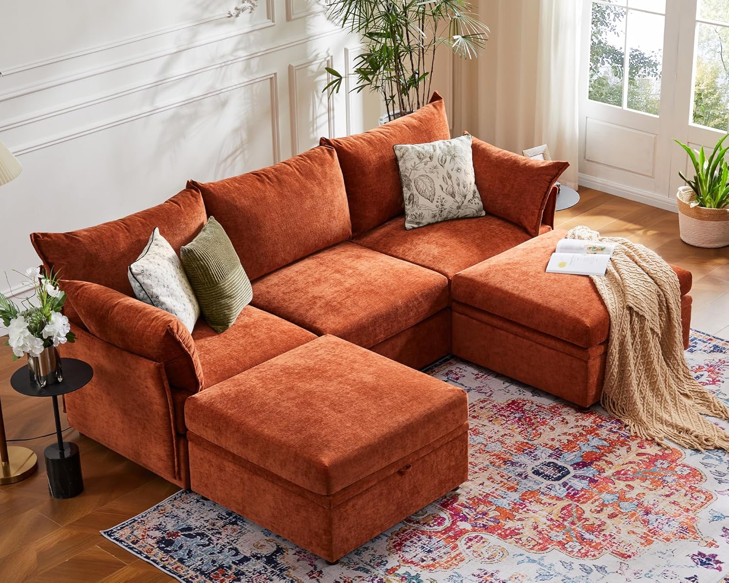ABCASA 102.6″ U Shaped Modular Sectional Sofa, 5 Seater Couch with Storage Ottoman Deep Seat and High Backrest with Removable Cover for Living Room, Apartment – Chenille Terracotta Orange