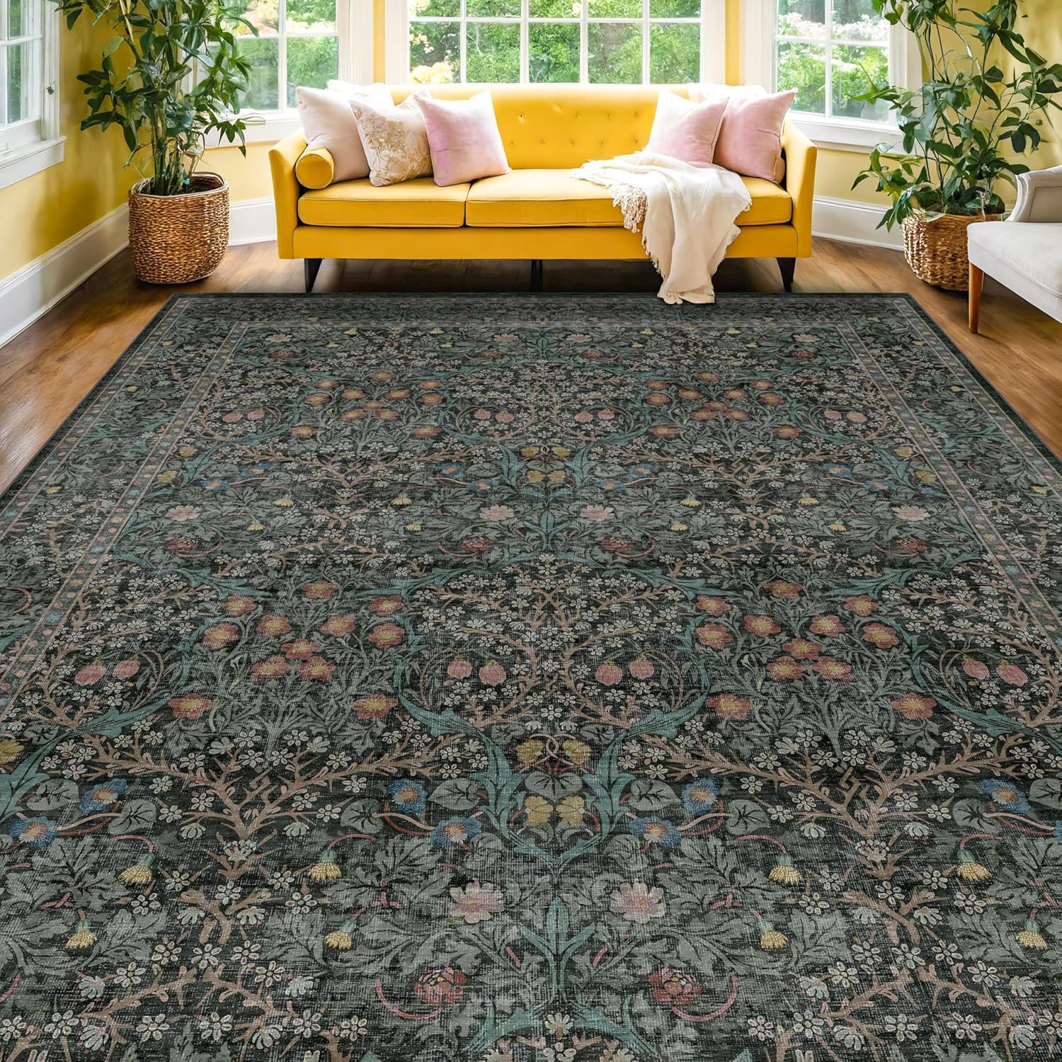 Washable Dark Green Rug for Living Room – 9×12 Large Area Rug for Dining Room Under Table, Bedroom, Soft Low Pile Non-Slip Stain Resistant Carpet – Vintage Floral Design (9×12 Dark Green)