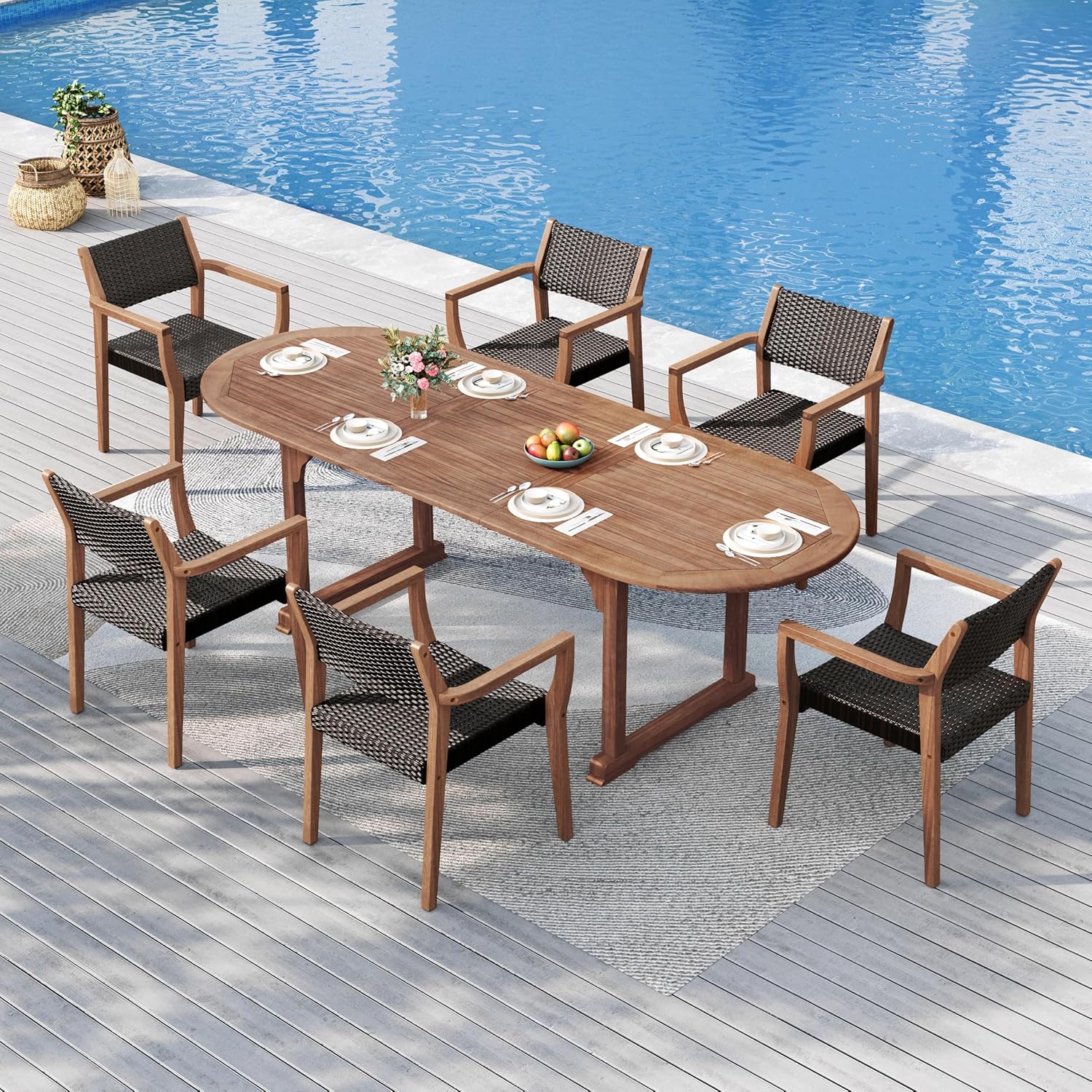 Sophia & William Patio Outdoor Table and Chairs Set, Patio Dining Sets for 6, 7 Pieces Patio Table Set Acacia Wood Table Expandable and Rattan Chairs for Backyard Deck Porch Outside
