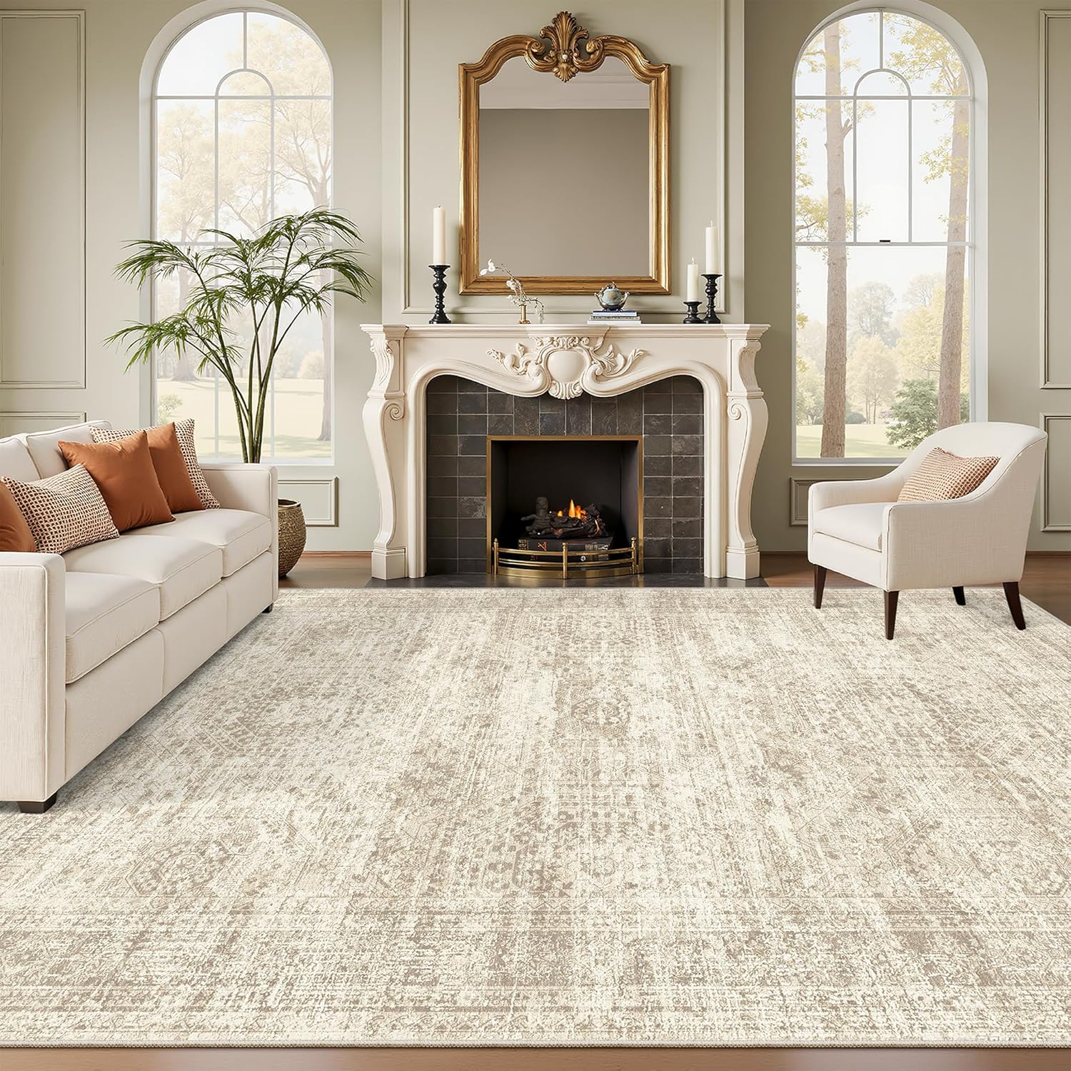 Washable Area Rug 8×10, Large Soft Rugs for Living Room Vintage Beige Carpet 8×10 Area Rugs for Bedroom Dining Room Non-Slip Stain Resistant Under Table Rug
