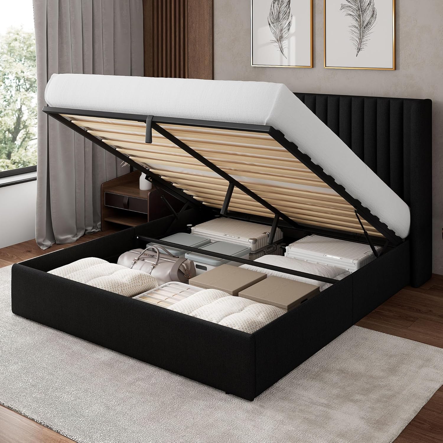 Feonase Full Size Lift Up Storage Bed Frame, Linen Upholstered Platform Bed with Wingback Headboard, Hydraulic Storage, No Box Spring Needed, Black