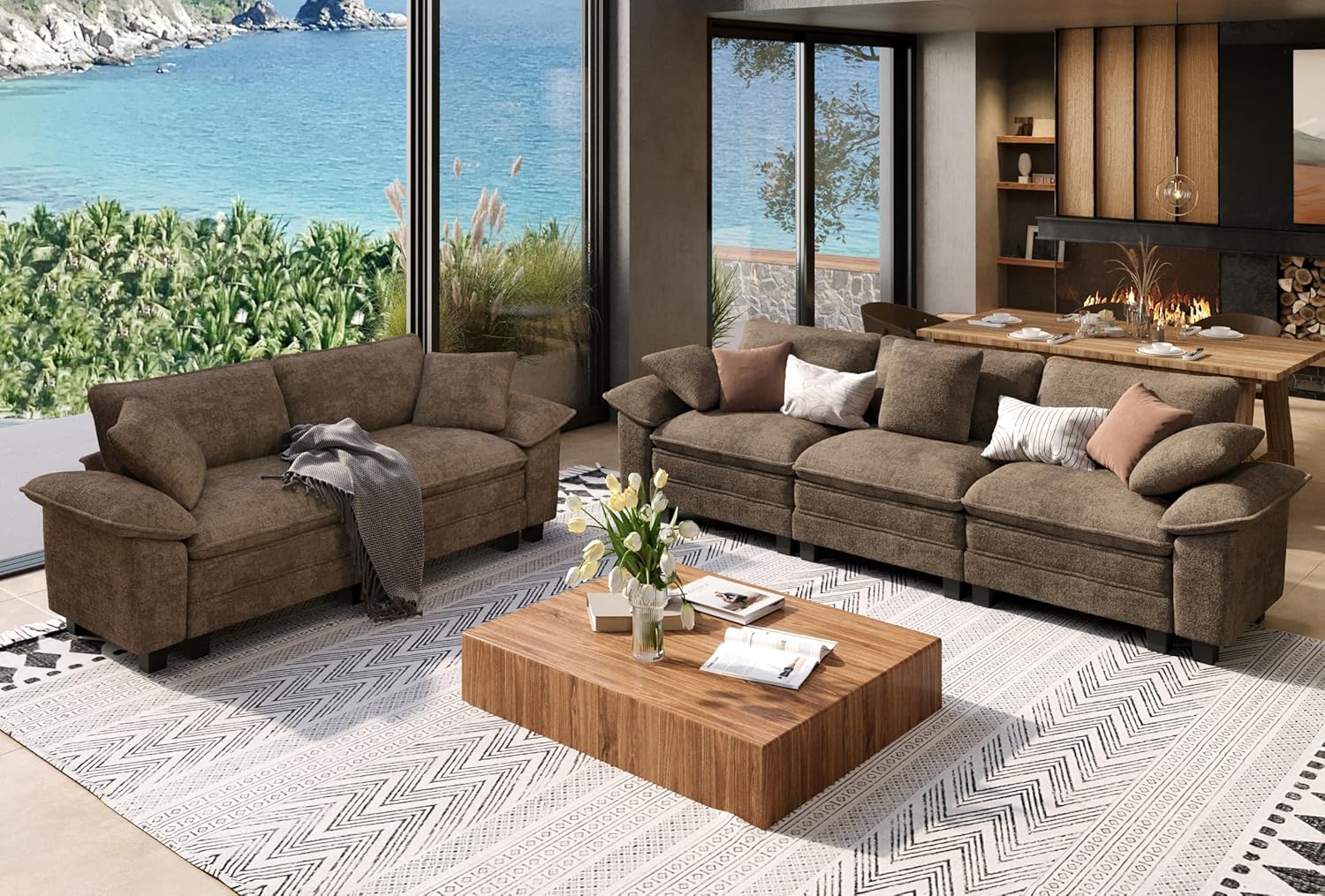Sofa and Loveseat Set, Oversized Chenille Modular Love seat and 3-Seat Couch with Pillows, 2 Piece Modern Cloud Sectional Deep Seat Sofa Furniture Set for Living Room, Taupe