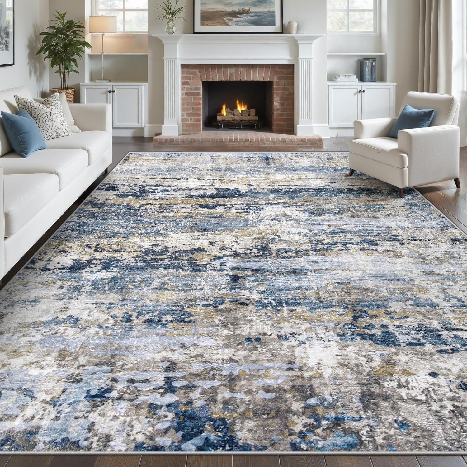 Area Rugs 8×10 for Living Room: Washable Rug Modern Abstract Neutral Soft Non-Slip Low-Pile Indoor Large Carpet for Bedroom Dining Room Playroom Home Office (Blue Grey Brown, 8’x10′)