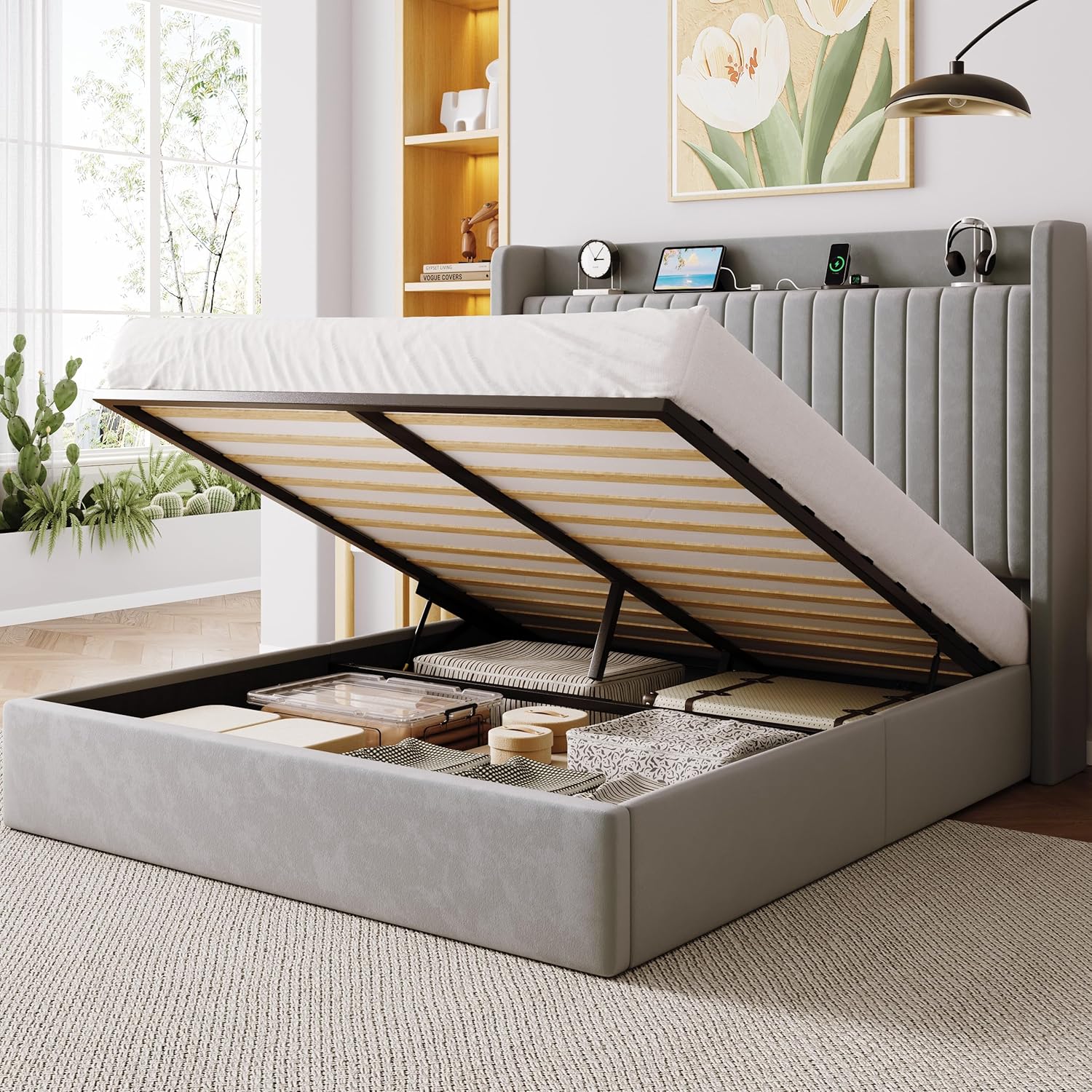 Allewie Full Size Lift Up Storage Bed Frame,Storage Shelf Headboard with Charging Station,Type-C and USB Ports,Hydraulic Support,Velvet Upholstered Bed Frame,No Box Spring Needed,Grey