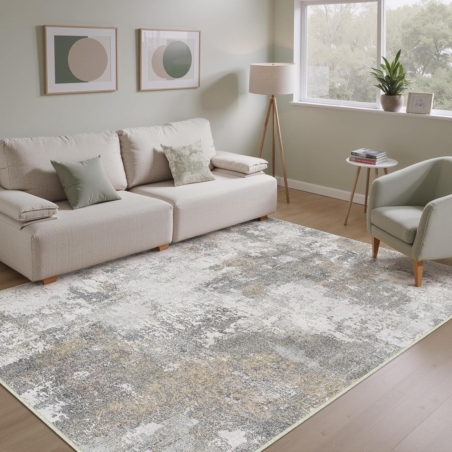 Modern Abstract Area Rugs for Living Room Grey Non Slip Lightweight Washable Neutral 5×7 Indoor Rug Thin Large Soft Throw Low Pile Carpet for Bedroom Dining Room Farmhouse Home Office Decor