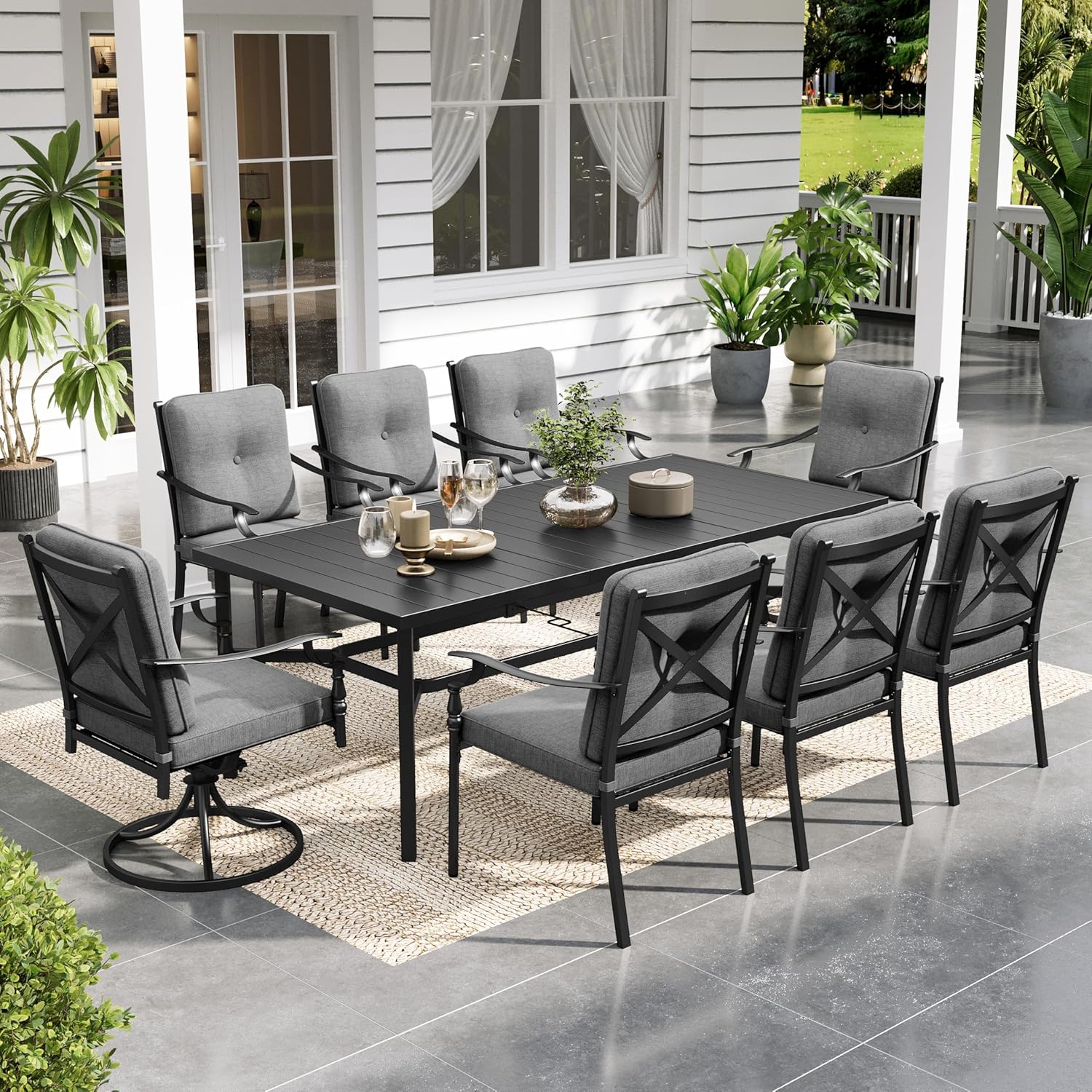 Sophia & William 9 Piece Outdoor Patio Dining Set, Patio Table and Chairs Set for 8, 6 Fixed and 2 Swivel Patio Chairs with Cushions and Rectangular Table, Outdoor Dining Set for Backyard, Poolside
