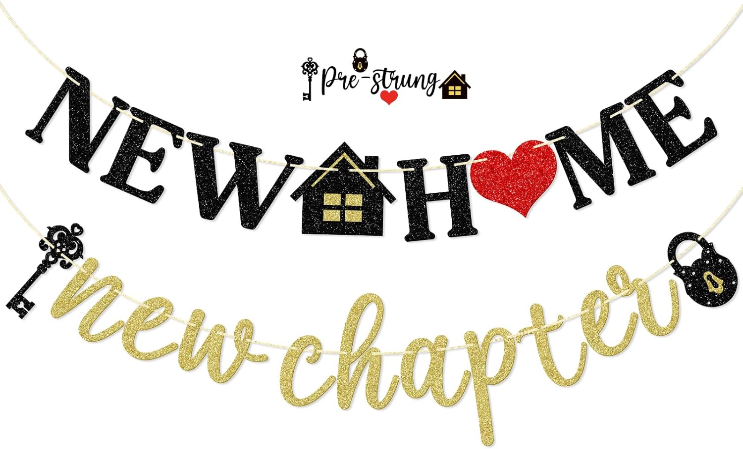 New Home New Chapter Banner, Pre-strung New Home Banner, Housewarming Party Decorations, Home Decor, Black & Gold Glitter